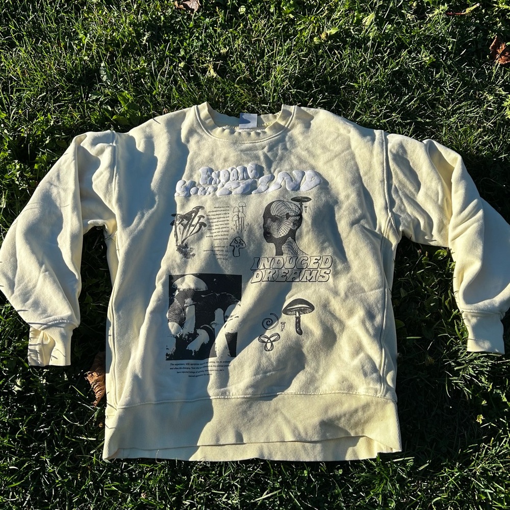 TNA Cozy Fleece Sweatshirt Medium Oversized Expand Your Mind Pullover Yellow